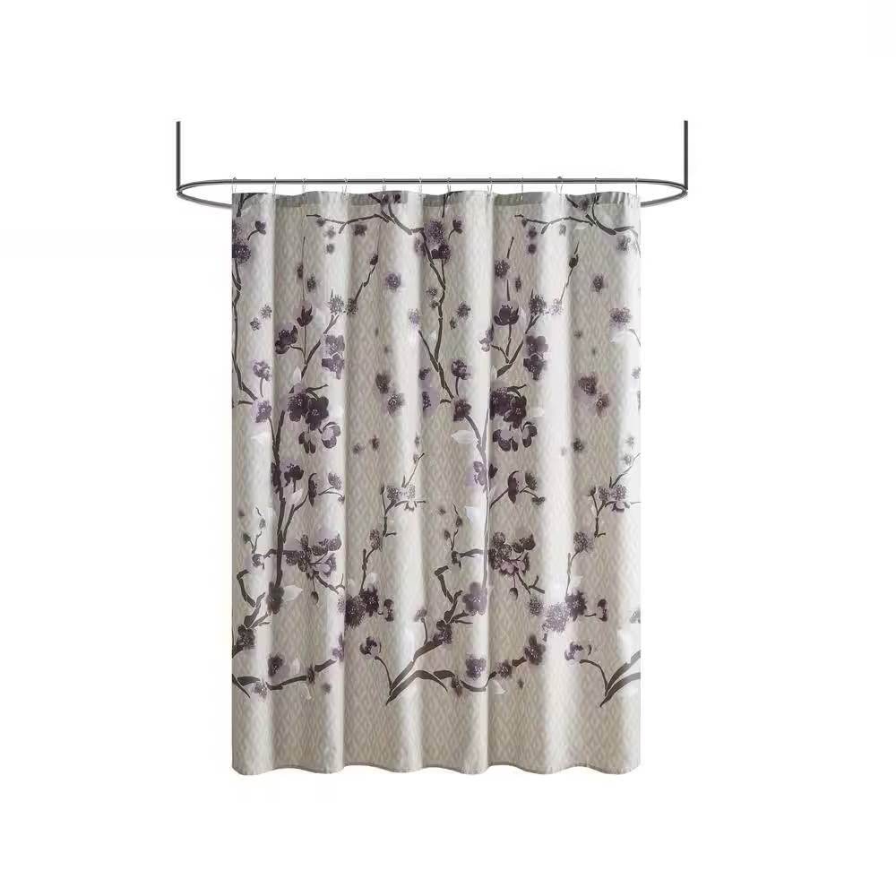 72 x 72 in Cotton Shower Curtain with Purple Grey Beige Floral Blossom Pattern - Loft&Timber