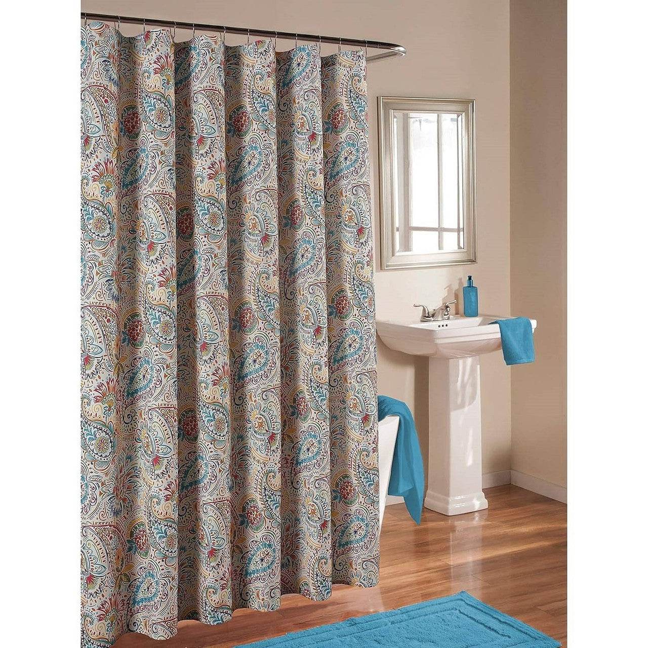 72-in. Paisley Polyester Fabric Shower Curtain in Vibrant Teal Red Yellow White - Loft&Timber