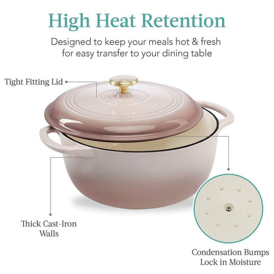 6 Quart Large Pink Beige Off-White Enamel Cast-Iron Dutch Oven Kitchen Cookware - Loft&Timber