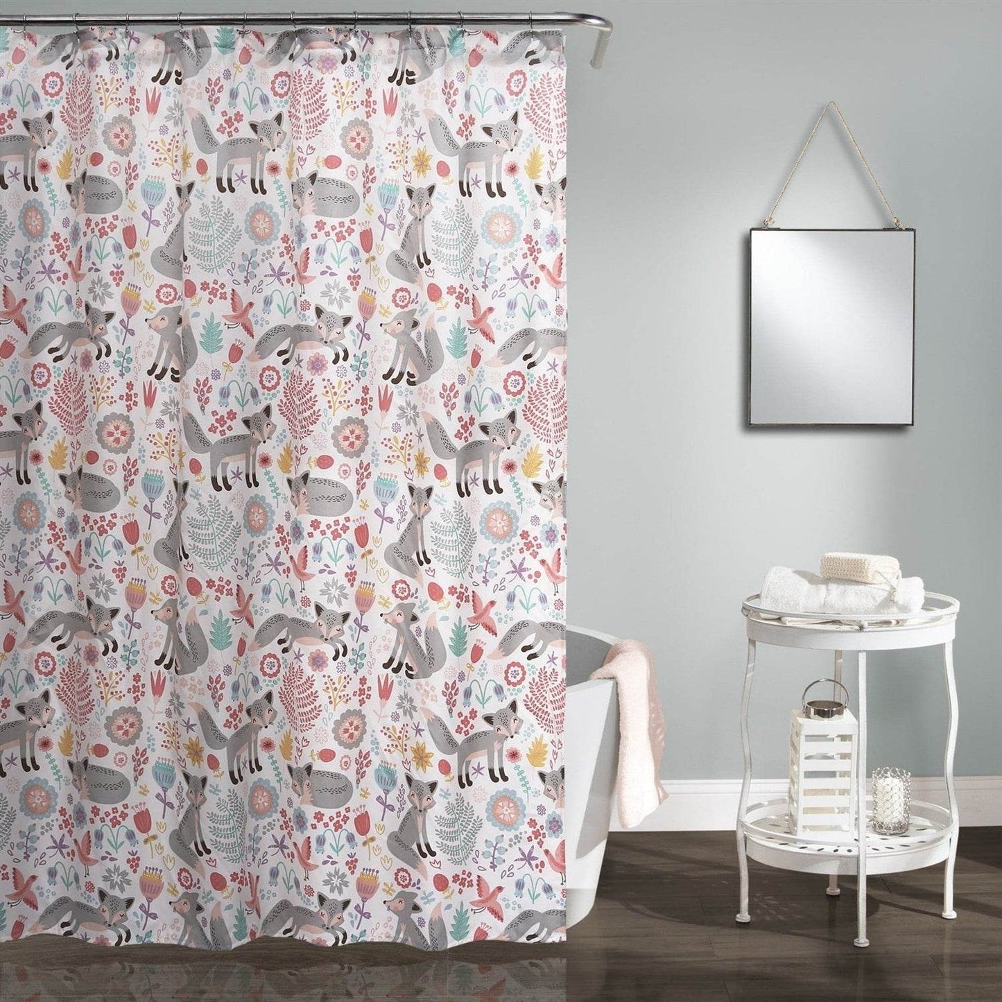 72-inch Pink Grey Teal Floral Fox Birds Polyester Shower Curtain - Loft&Timber