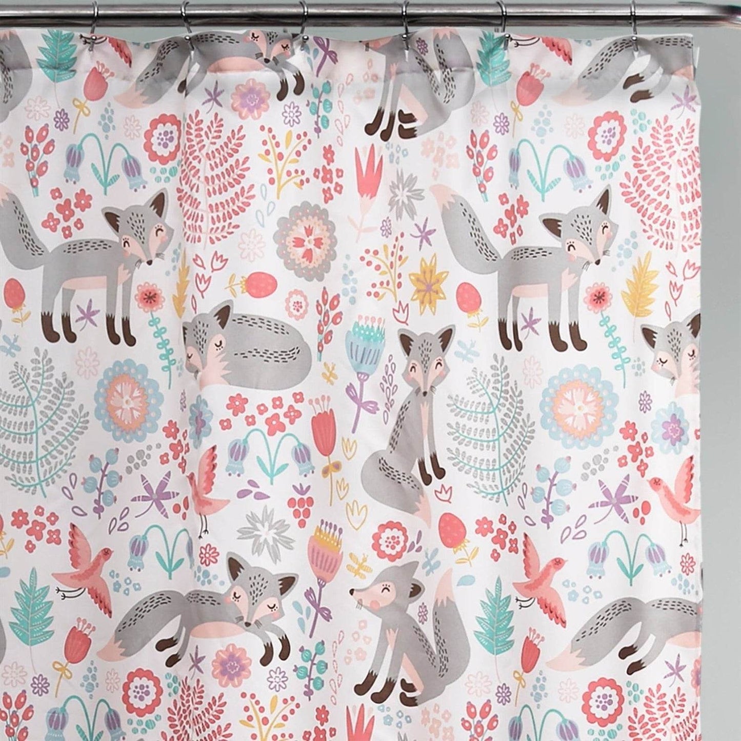 72-inch Pink Grey Teal Floral Fox Birds Polyester Shower Curtain - Loft&Timber