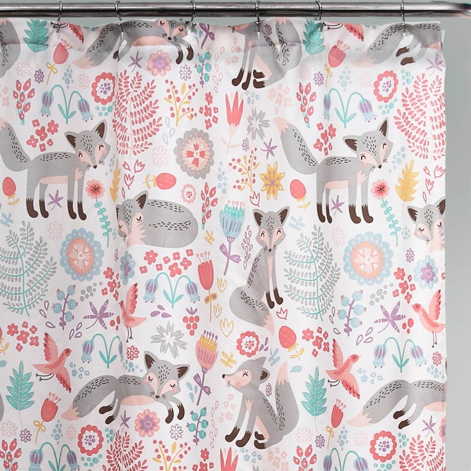 72-inch Pink Grey Teal Floral Fox Birds Polyester Shower Curtain - Loft&Timber
