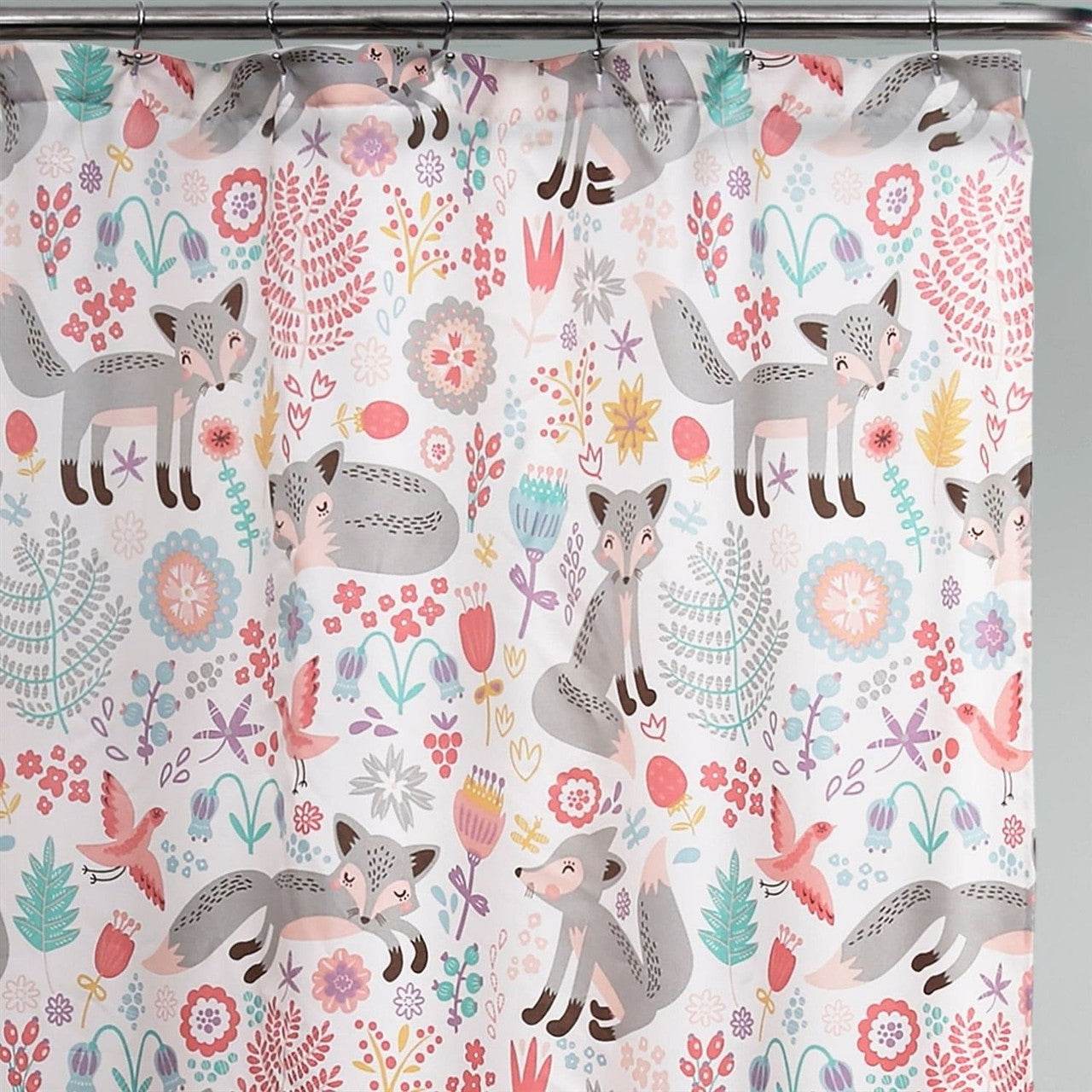 72-inch Pink Grey Teal Floral Fox Birds Polyester Shower Curtain - Loft&Timber