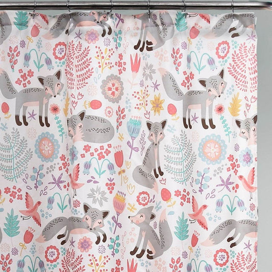 72-inch Pink Grey Teal Floral Fox Birds Polyester Shower Curtain - Loft&Timber
