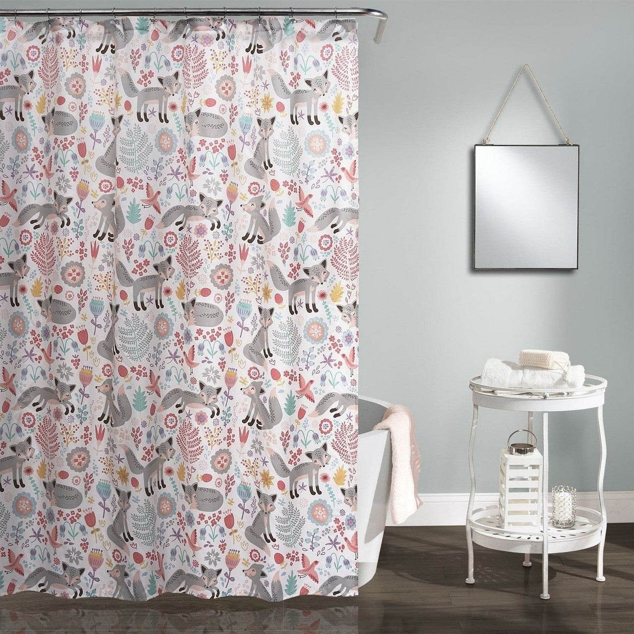 72-inch Pink Grey Teal Floral Fox Birds Polyester Shower Curtain - Loft&Timber