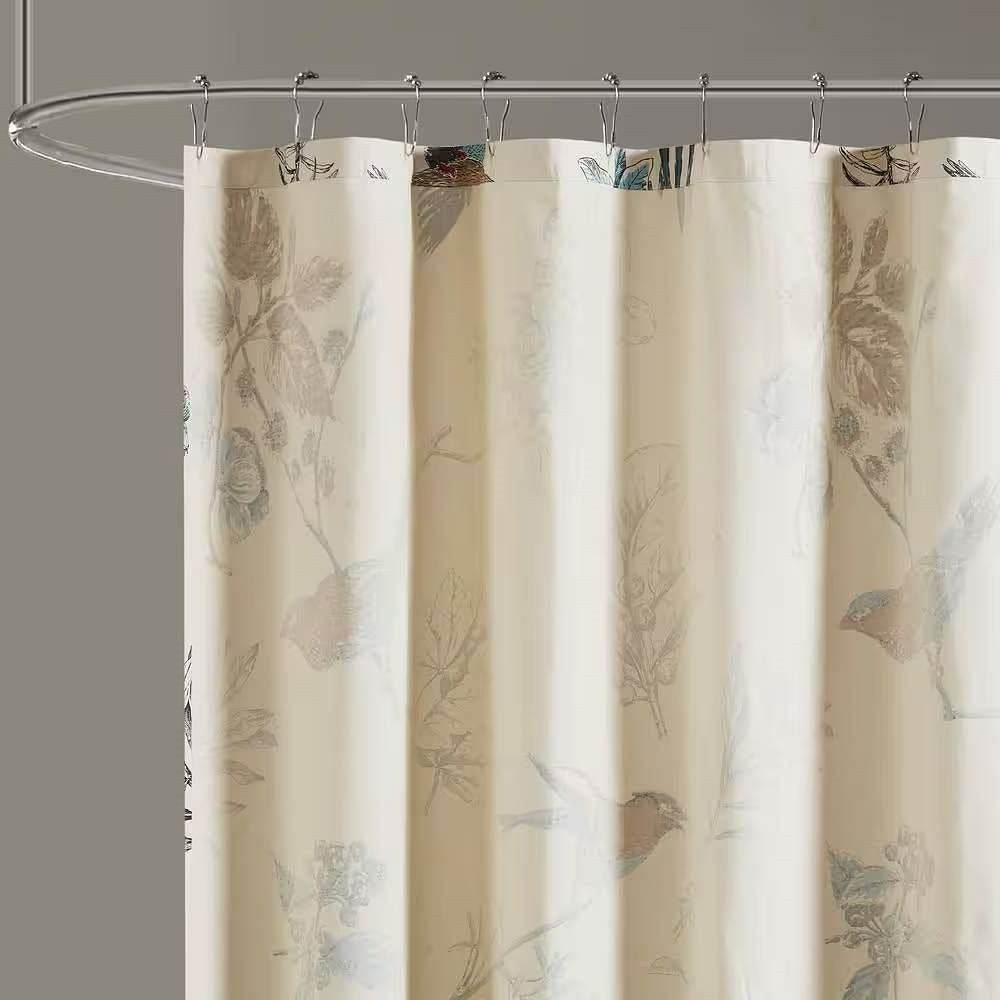 72-inch Beige Khaki Cotton Shower Curtain with Vintage Birds Leaf Floral Print - Loft&Timber