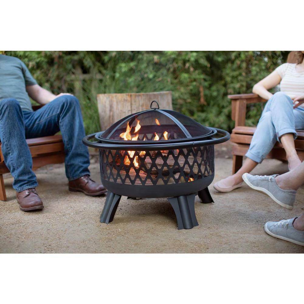 30-inch Black Steel Outdoor Fire Pit Grill with Screen and Poker - Loft&Timber