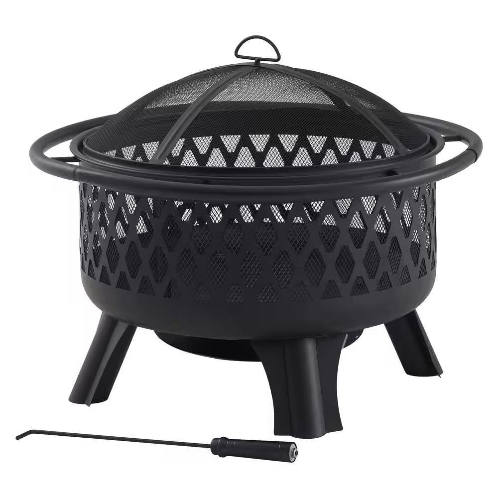 30-inch Black Steel Outdoor Fire Pit Grill with Screen and Poker - Loft&Timber