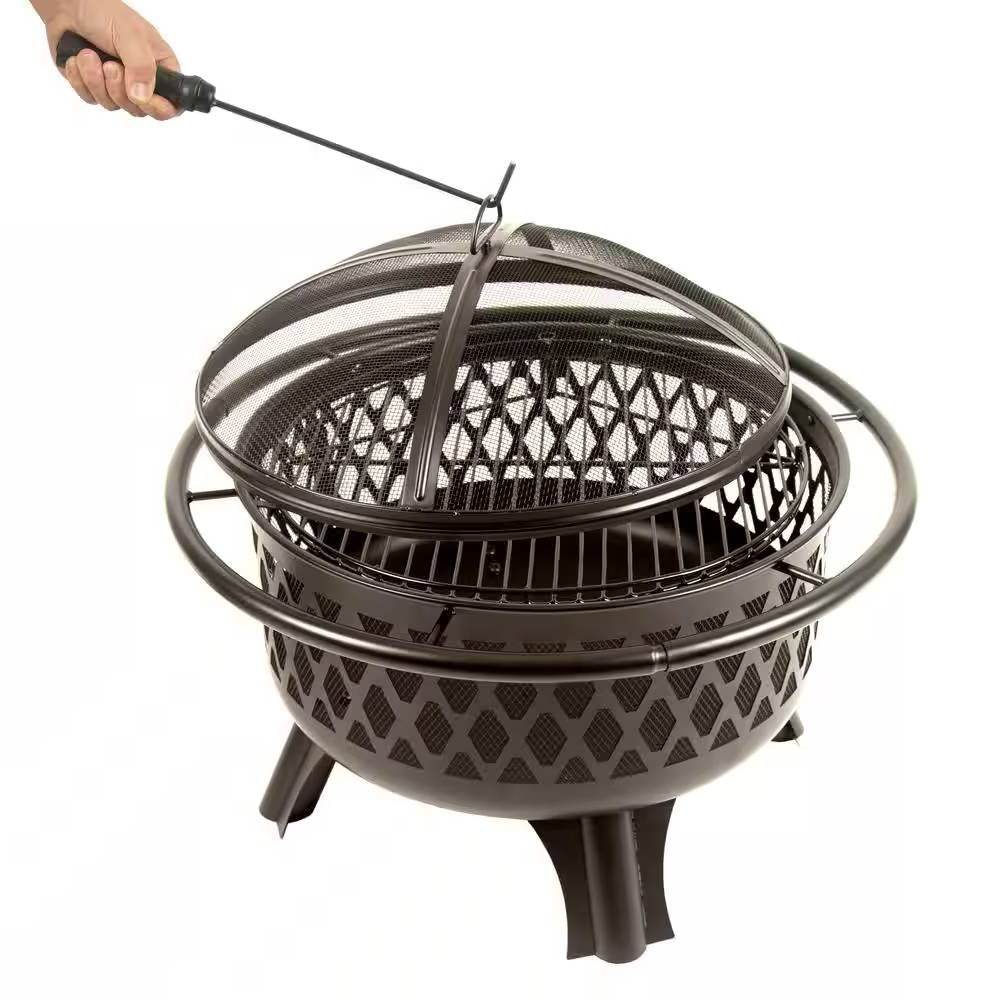30-inch Black Steel Outdoor Fire Pit Grill with Screen and Poker - Loft&Timber