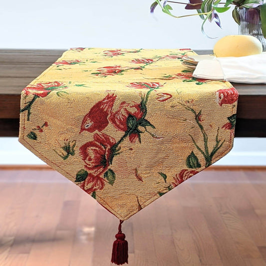 Tache Floral Red Roses Hummingbirds Golden Woven Tapestry Table Runner - Loft&Timber