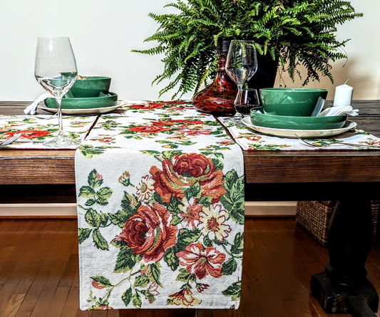 Tache Sweet Roses Vintage Ivory Woven Floral Tapestry Table Runners (17593TR)-0
