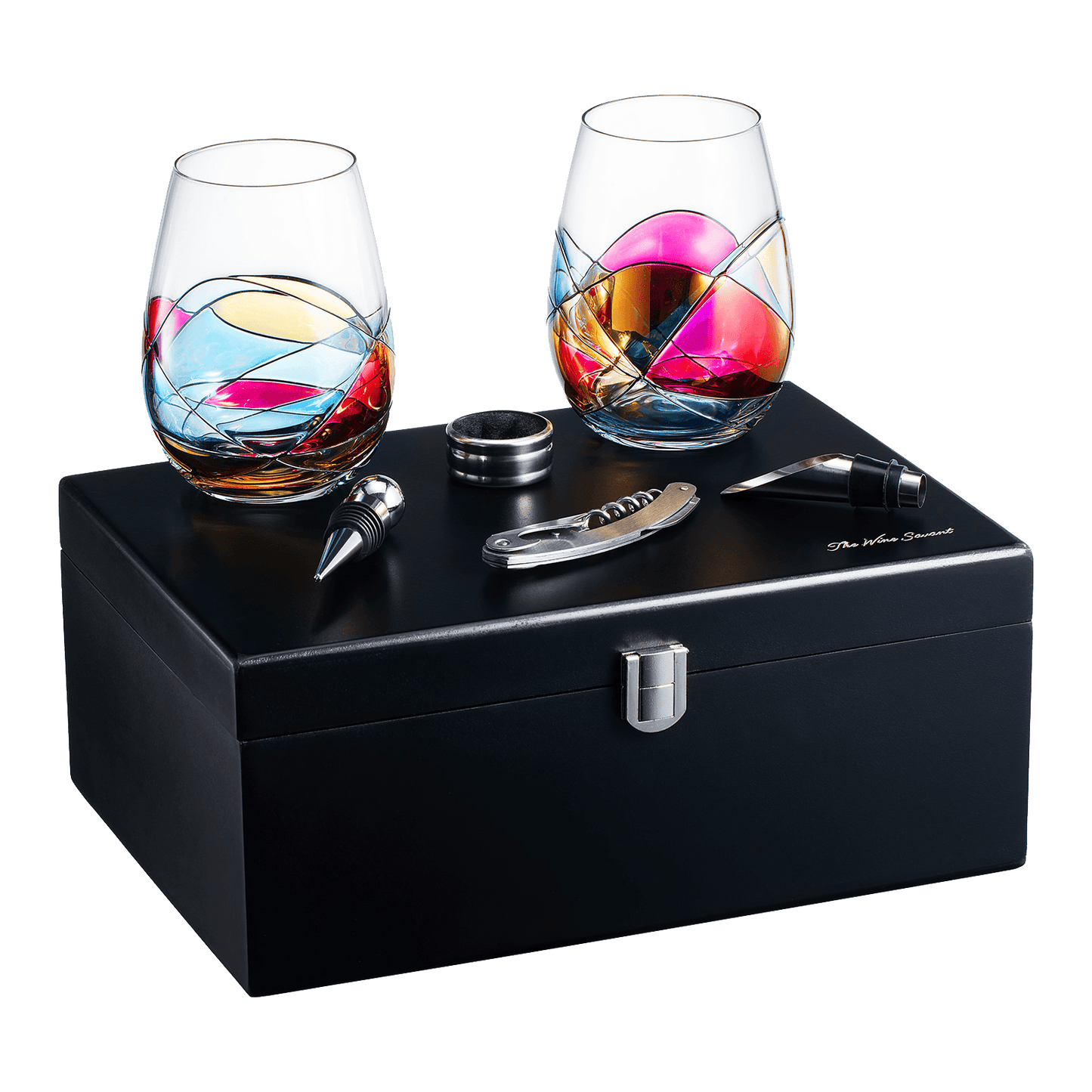 Painted STEMMLESS Wine Glass Box Set - Opener, Stopper, drip Ring, Wine Pourer - 2 Glasses - Loft&Timber
