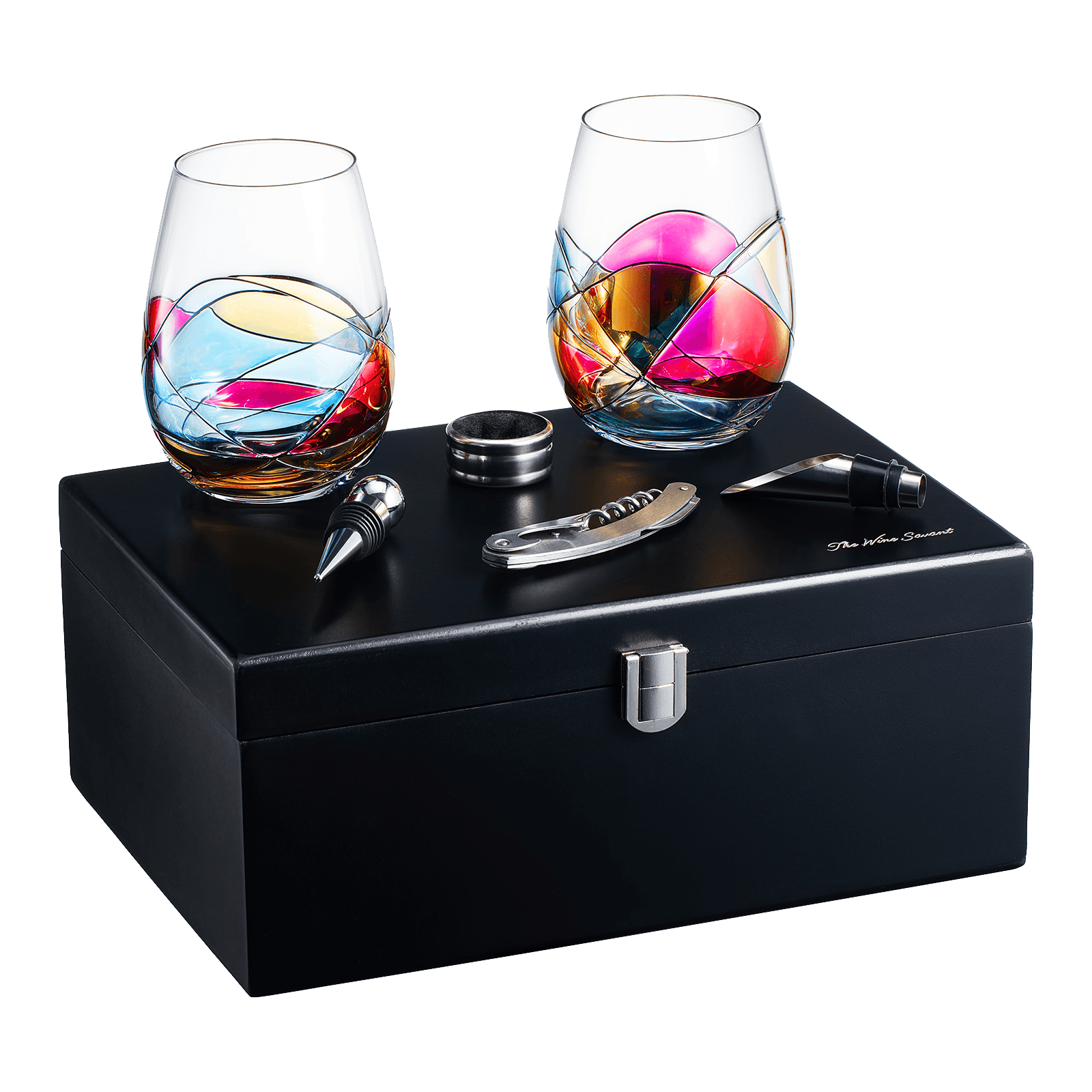 Painted STEMMLESS Wine Glass Box Set - Opener, Stopper, drip Ring, Wine Pourer - 2 Glasses - Loft&Timber