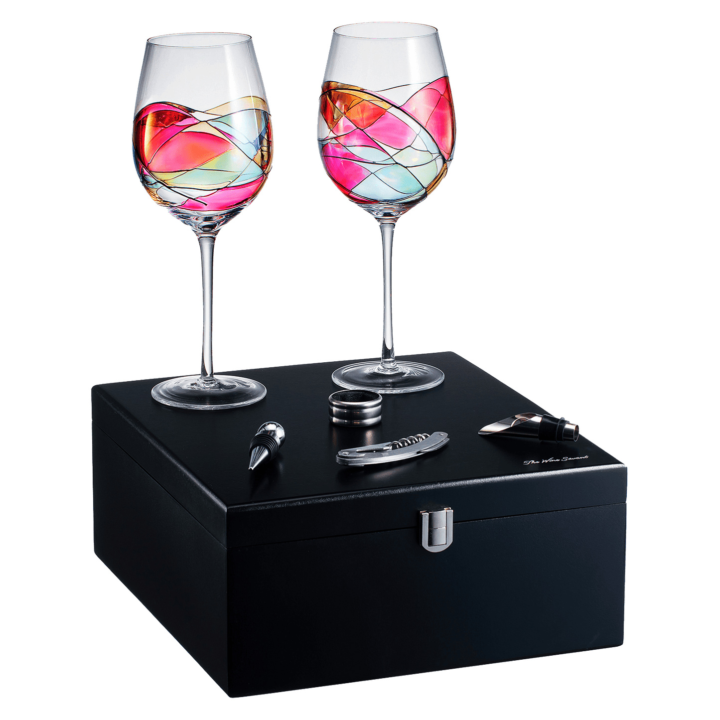 Painted STEMMED wine glass box set - opener, stopper, drip ring, wine pourer - 2 glasses - Loft&Timber