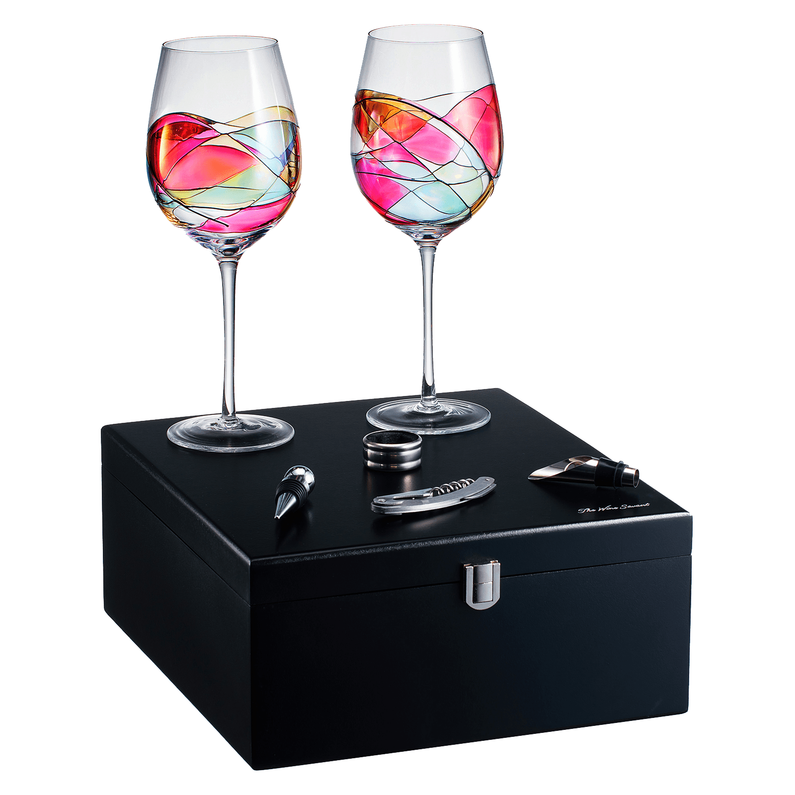 Painted STEMMED wine glass box set - opener, stopper, drip ring, wine pourer - 2 glasses - Loft&Timber