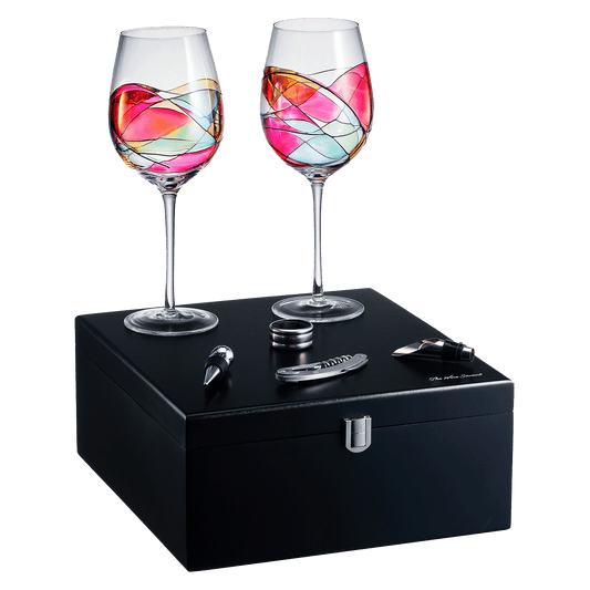 Painted STEMMED wine glass box set - opener, stopper, drip ring, wine pourer - 2 glasses - Loft&Timber