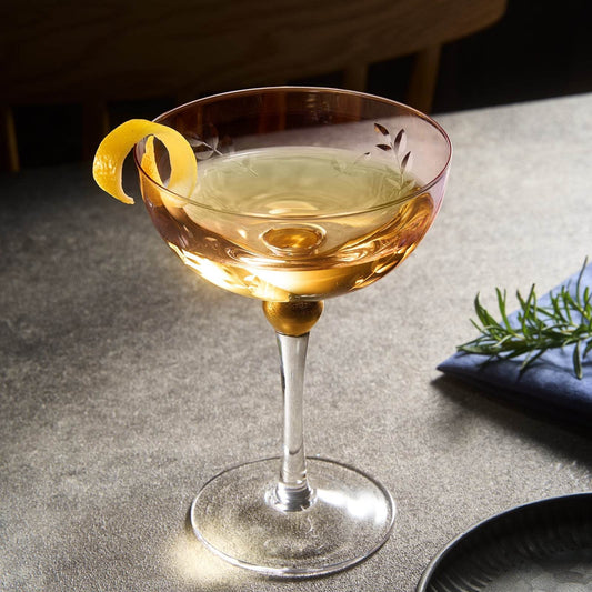 Colored Coupe Art Deco Glasses, Gold | Set of 4 | 8 oz Classic Cocktail Glassware for Champagne, Martini, Manhattan, Sidecar, Crystal Speakeasy Style Goblets Stems (Pink) - Loft&Timber