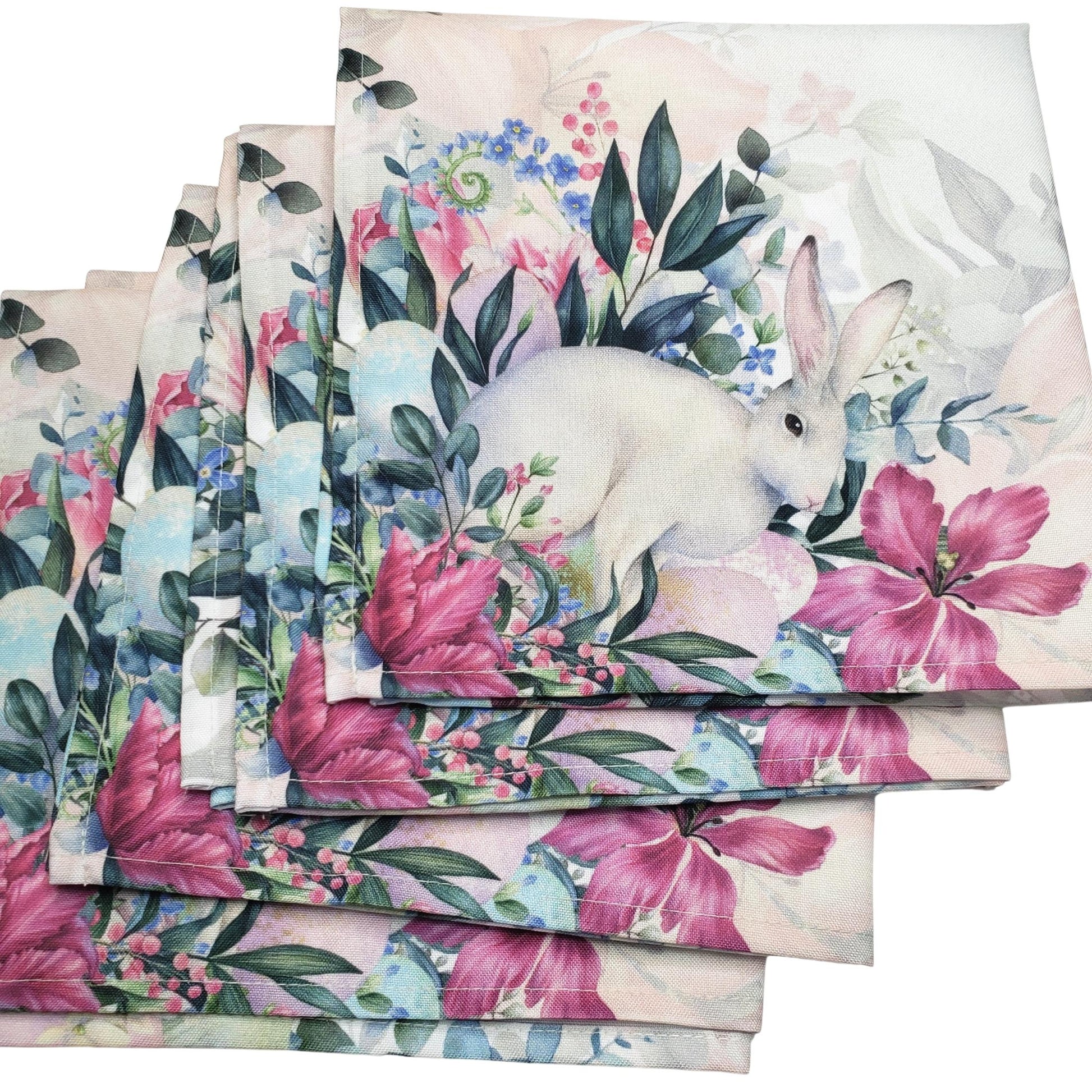 Charlo's Easter Synthetic Cloth Napkins Bunny and Birds Reusable Durable 16" x 16" - Loft&Timber