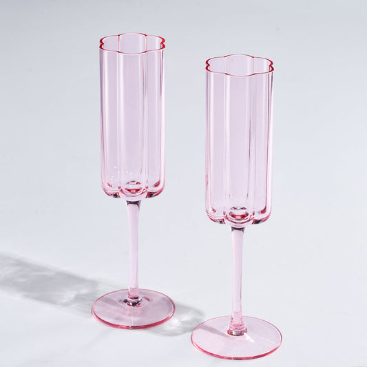 Flower Vintage Champagne Flute Glassware - Set of 2 - 7.4 oz Colorful Cocktail, Martini & Champagne Glasses, Prosecco, Mimosa Glasses Set, Cocktail Glass, Bar Glassware Luster Glasses 9" X 2" (Pink) - Loft&Timber