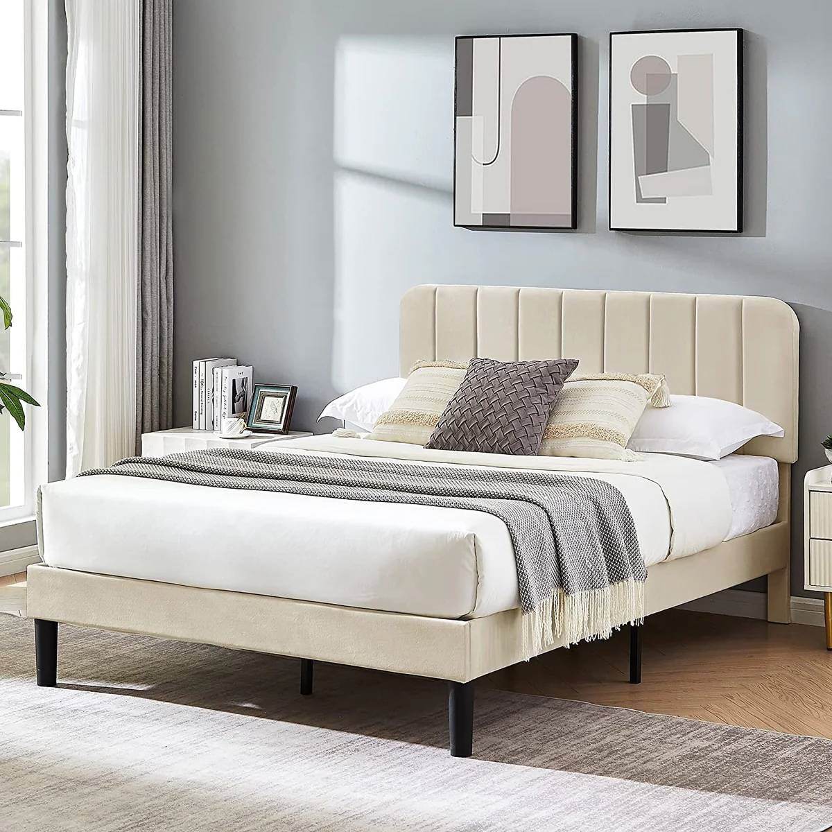 Queen size Beige Upholstered Platform Bed Frame with Headboard - Loft&Timber