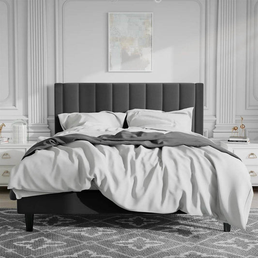 Queen size Modern Black Velvet Upholstered Platform Bed with Headboard - Loft&Timber