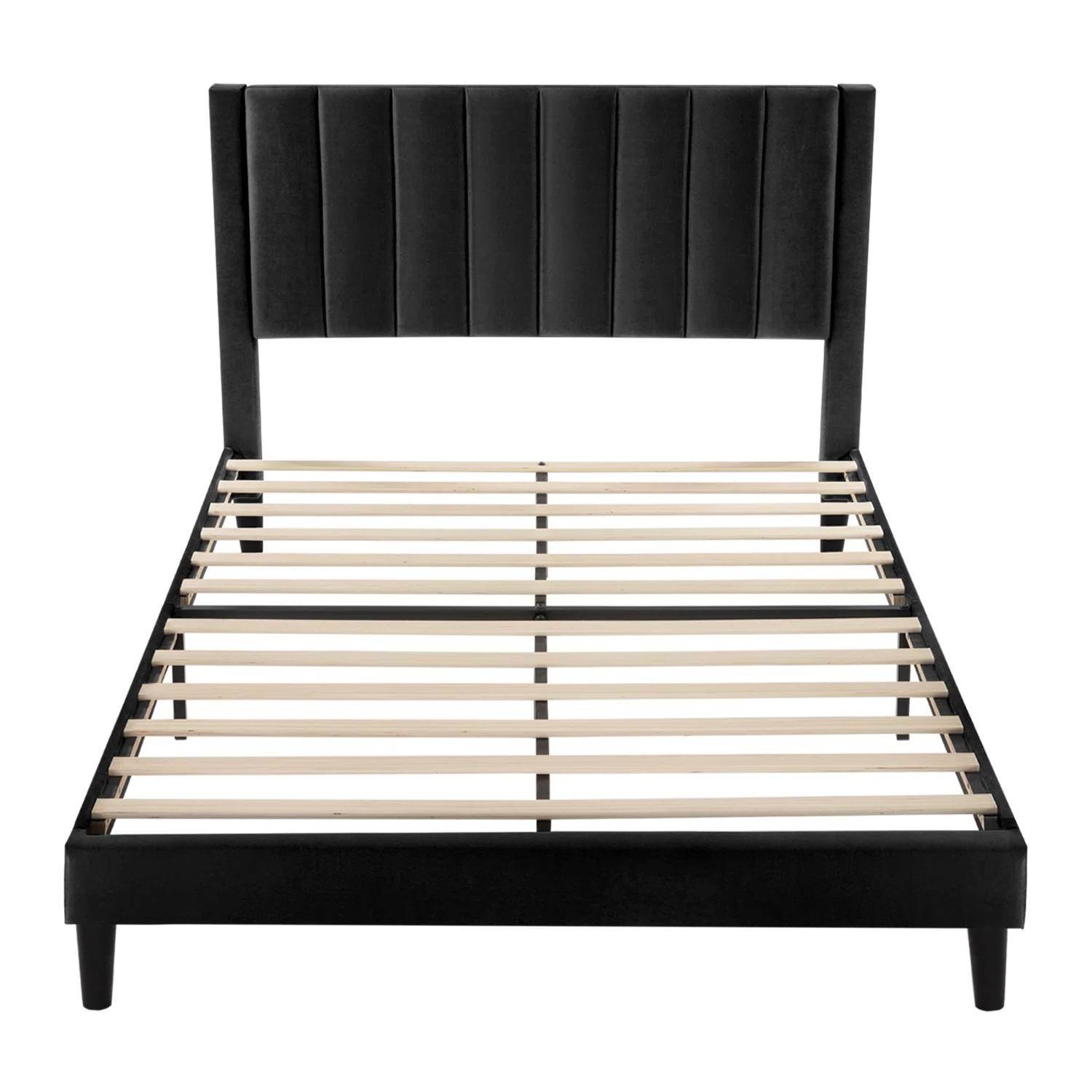 Queen size Modern Black Velvet Upholstered Platform Bed with Headboard - Loft&Timber