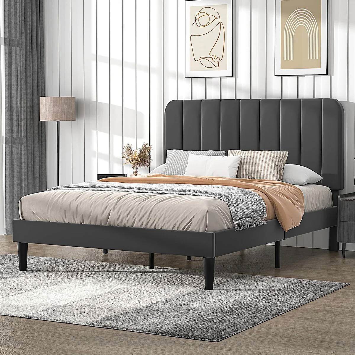 Queen size Dark Grey Upholstered Platform Bed Frame with Headboard - Loft&Timber