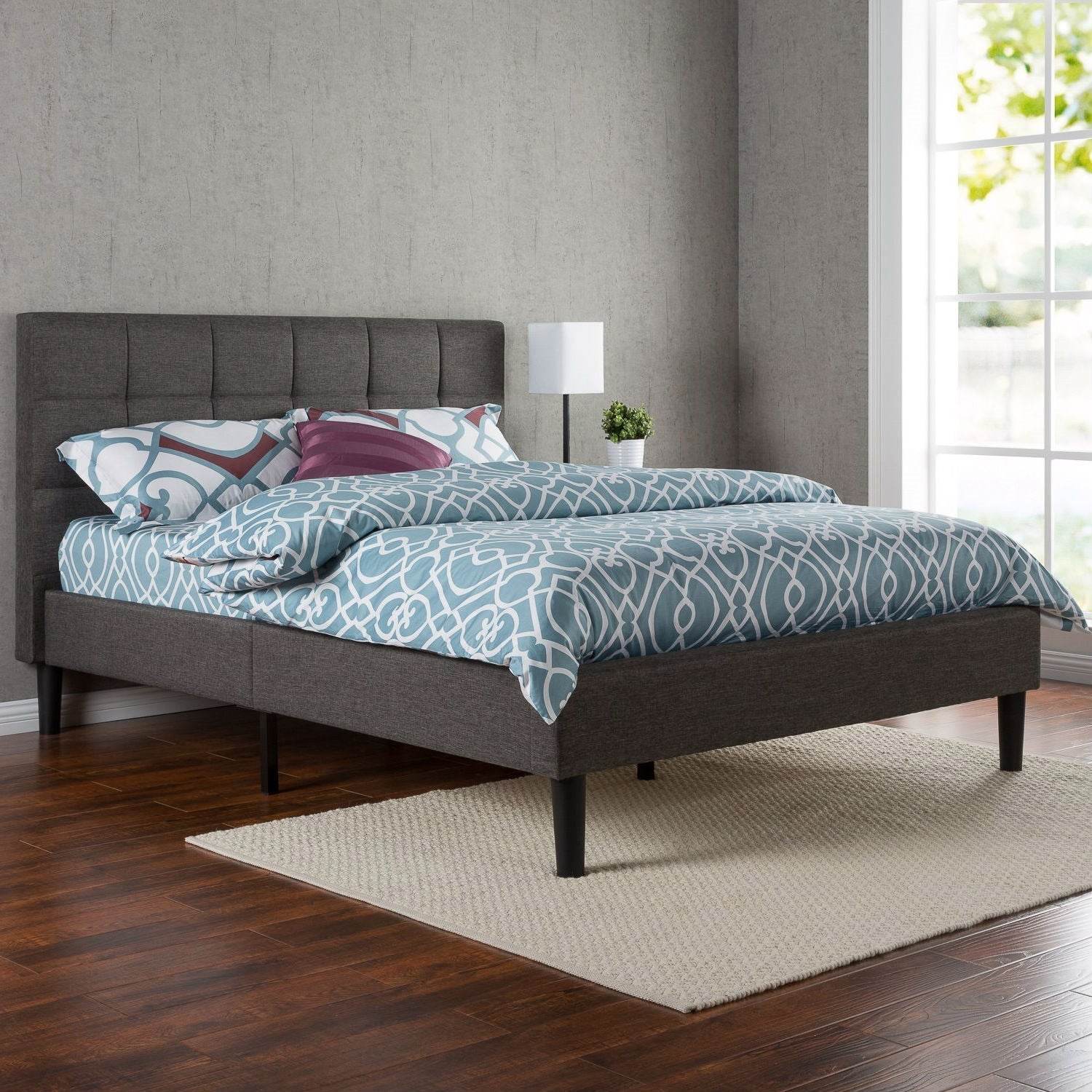 Queen size Modern Classic Dark Grey Upholstered Platform Bed with Headboard - Loft&Timber
