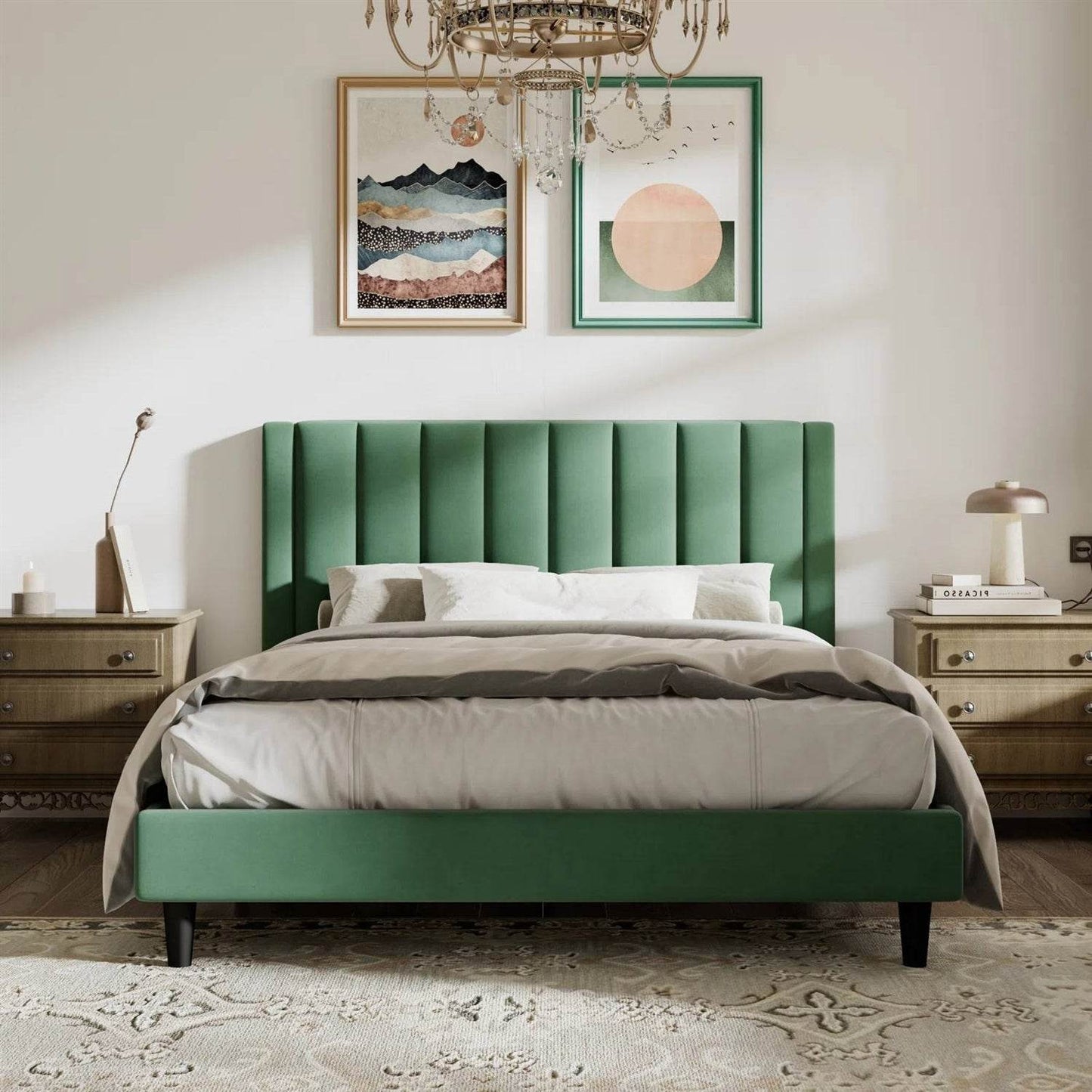Queen size Green Velvet Upholstered Platform Bed Frame with Headboard - Loft&Timber