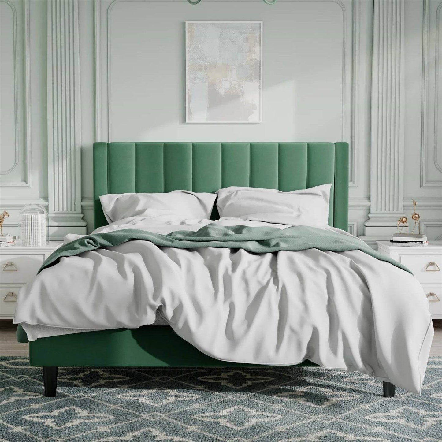 Queen size Green Velvet Upholstered Platform Bed Frame with Headboard - Loft&Timber