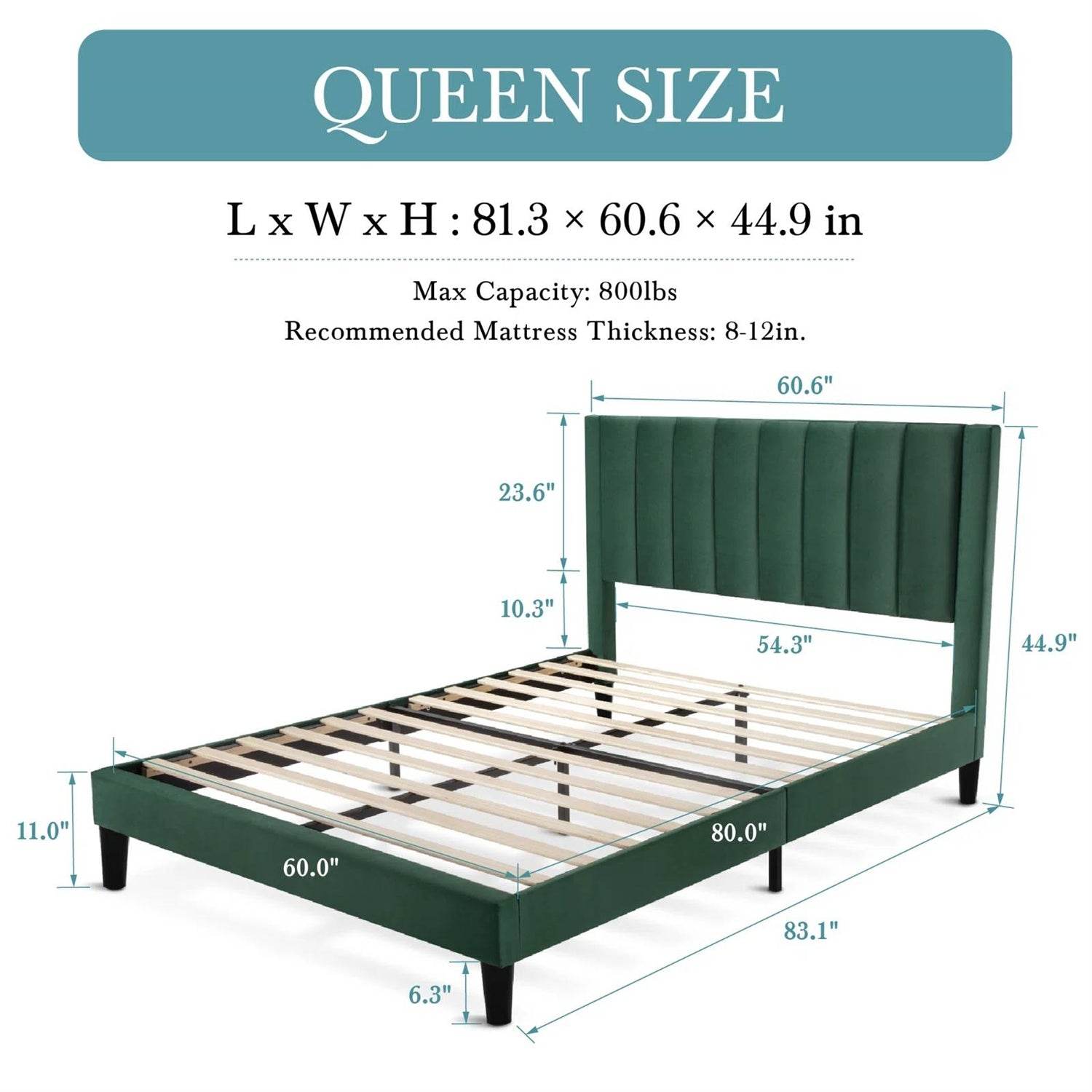 Queen size Green Velvet Upholstered Platform Bed Frame with Headboard - Loft&Timber