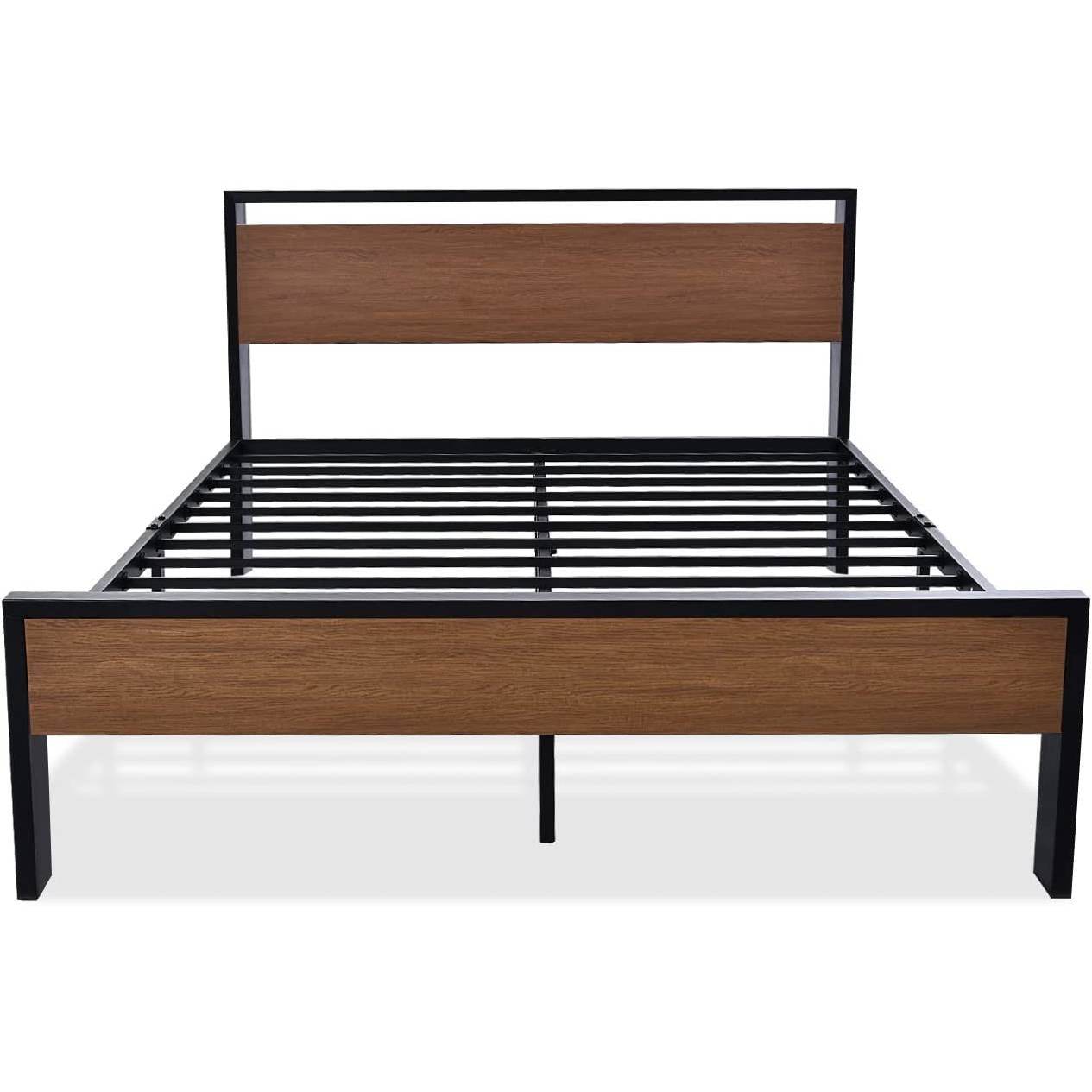 Queen Metal Platform Bed with Walnut Finish Wood Panel Headboard Footboard - Loft&Timber