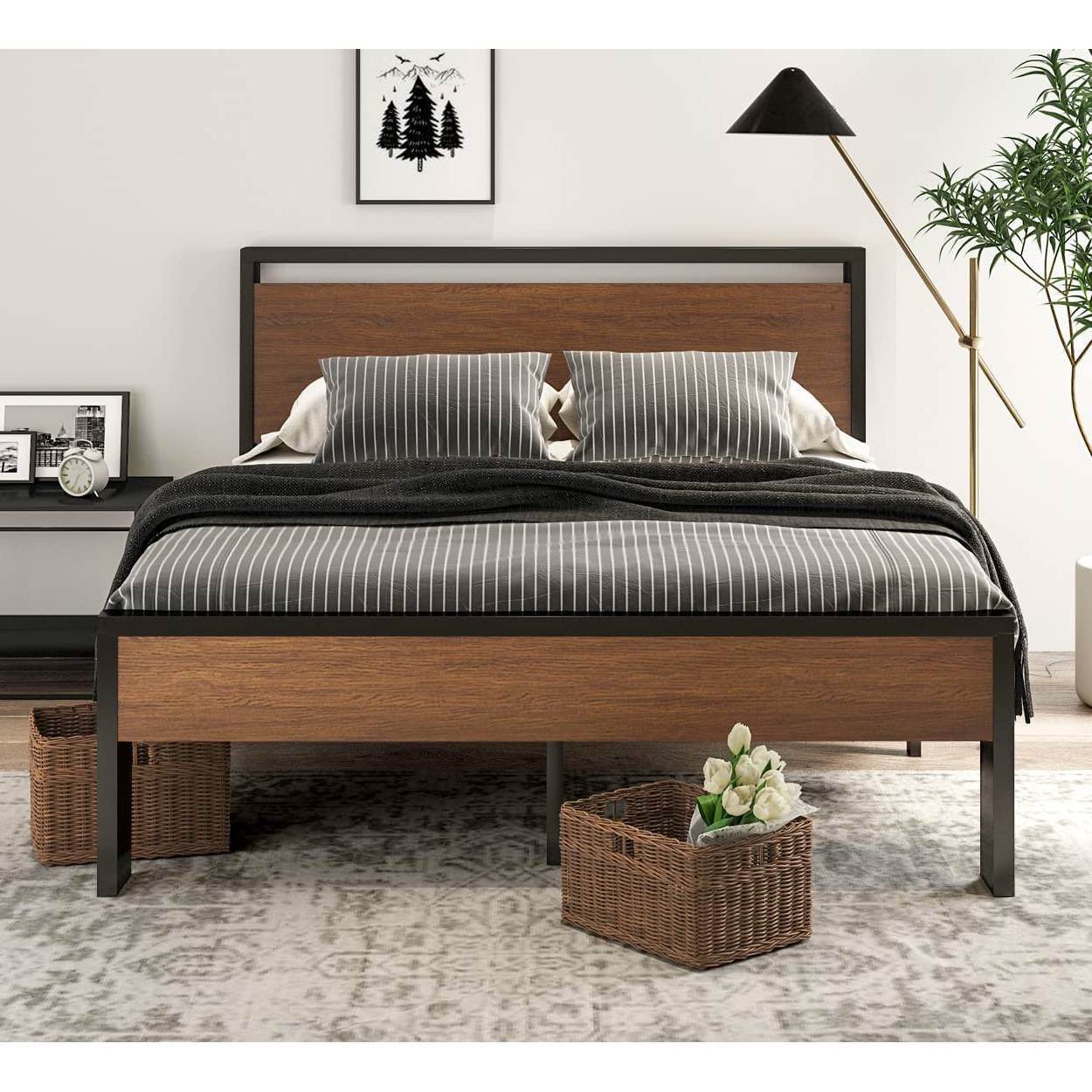 Queen Metal Platform Bed with Walnut Finish Wood Panel Headboard Footboard - Loft&Timber