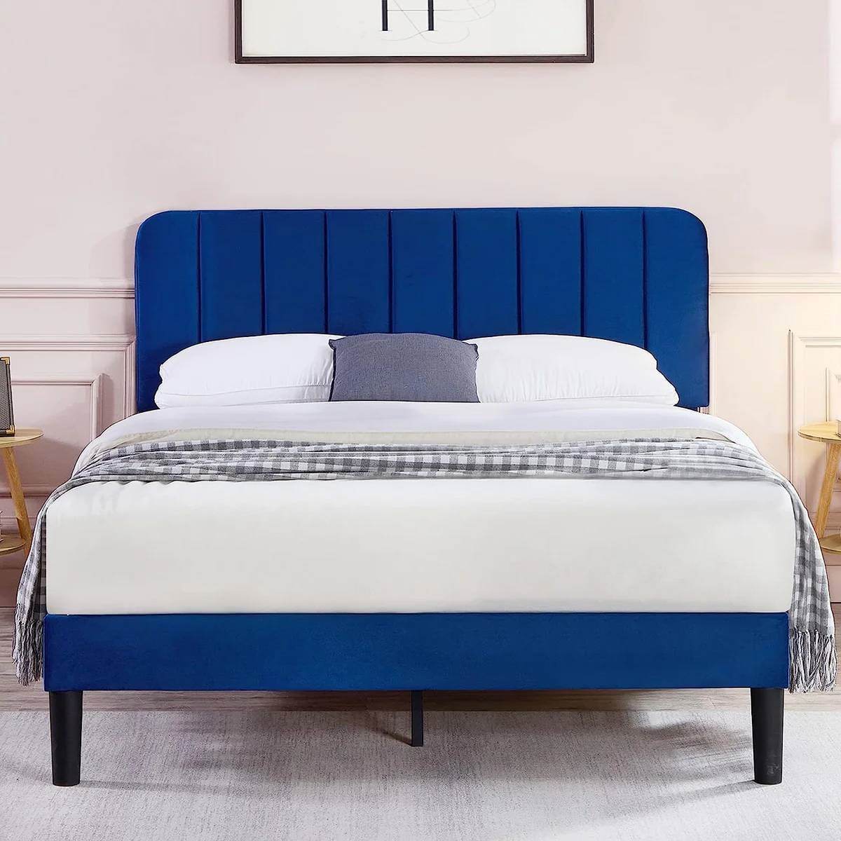 Queen size Blue Upholstered Platform Bed Frame with Headboard - Loft&Timber