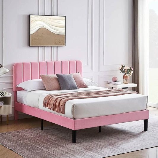 Queen size Pink Upholstered Platform Bed Frame with Headboard - Loft&Timber