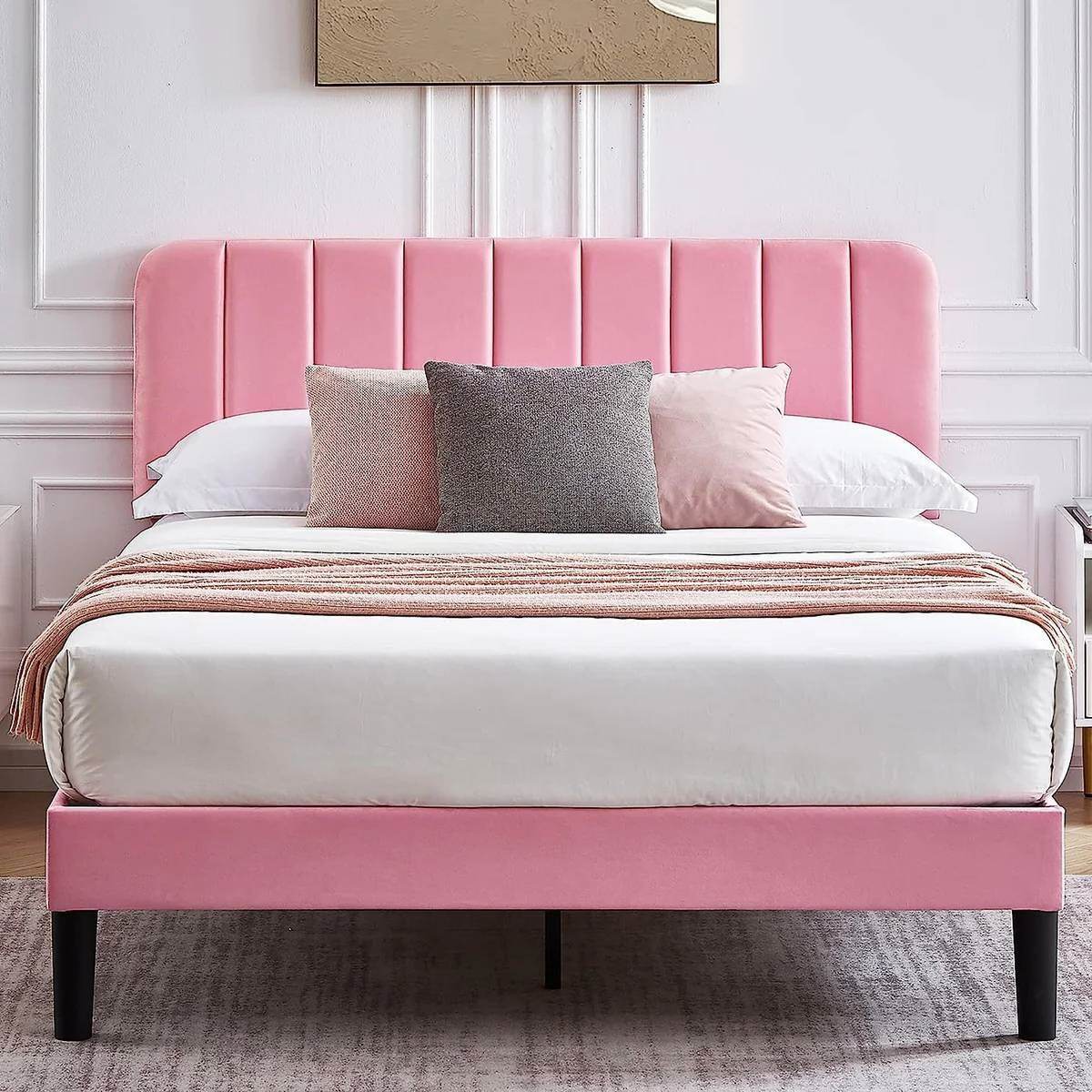 Queen size Pink Upholstered Platform Bed Frame with Headboard - Loft&Timber