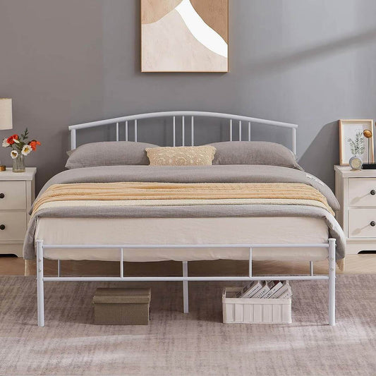 Queen size White Metal Platform Bed Frame with Arched Headboard - Loft&Timber