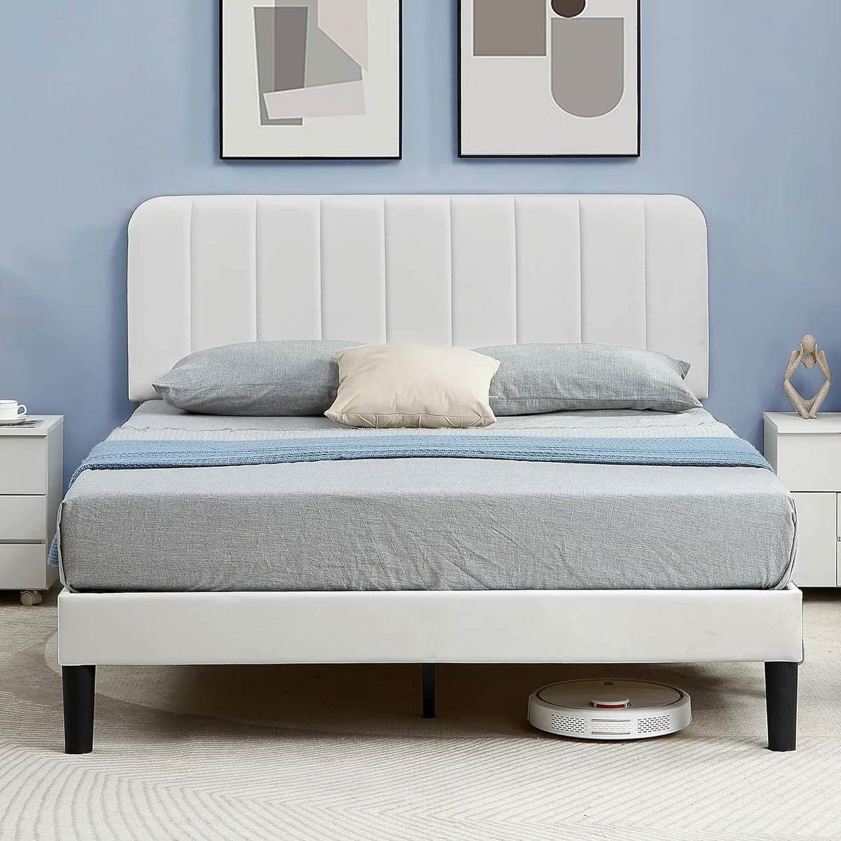 Queen size White Upholstered Platform Bed Frame with Headboard - Loft&Timber