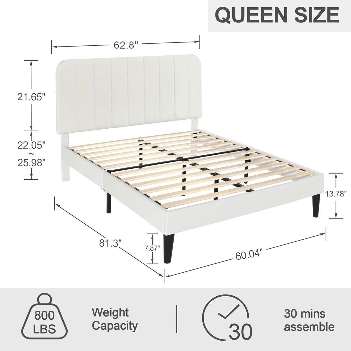 Queen size White Upholstered Platform Bed Frame with Headboard - Loft&Timber