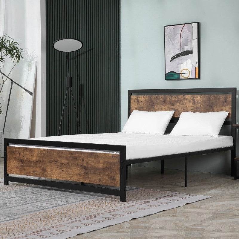 Queen Size FarmHouse Metal Wood Platform Bed Headboard Footboard - Loft&Timber