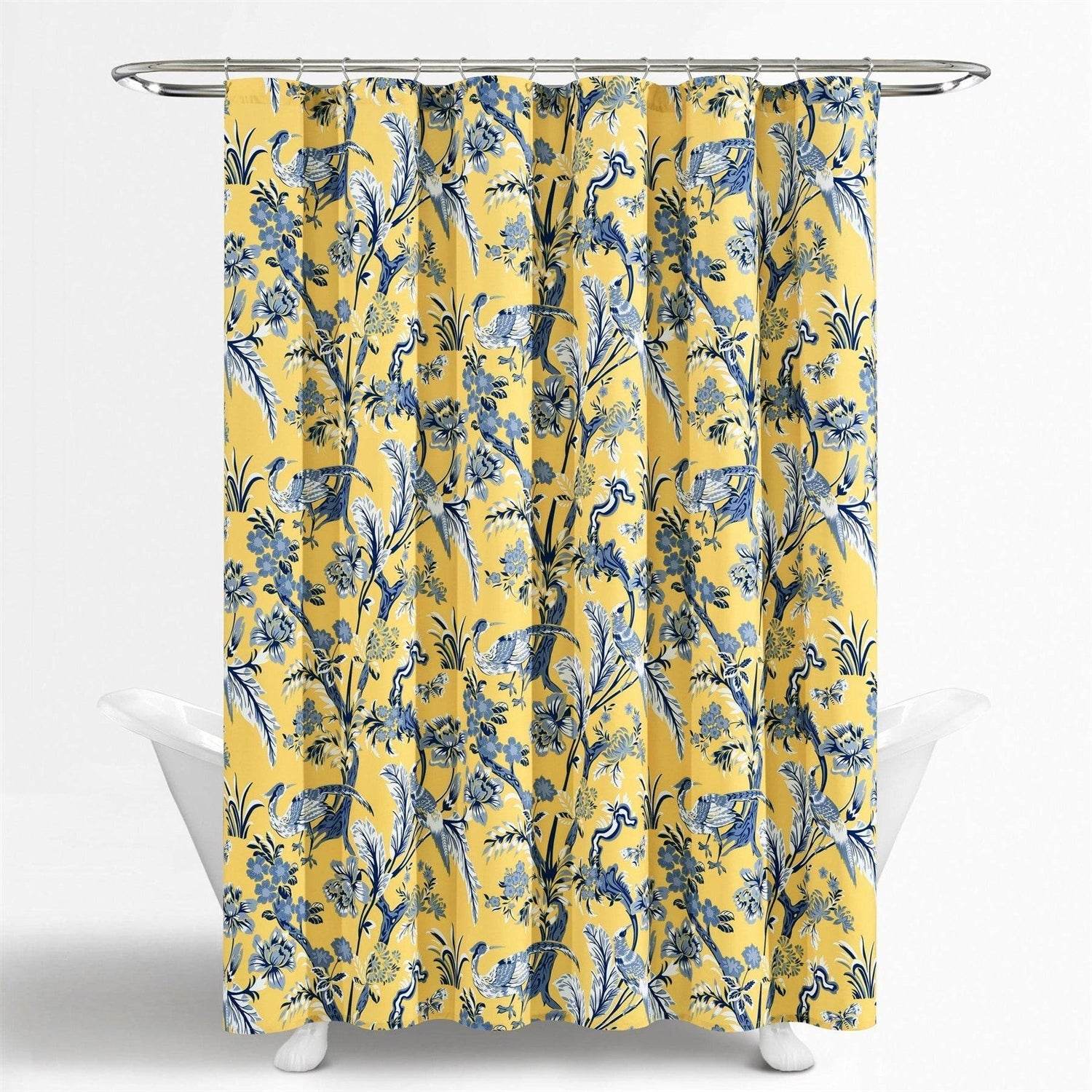 72-inch Yellow Navy Blue White Exotic Birds Floral Polyester Shower Curtain - Loft&Timber