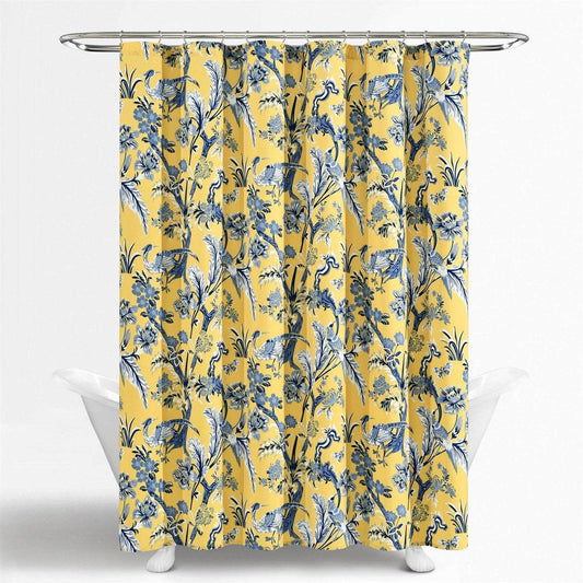 72-inch Yellow Navy Blue White Exotic Birds Floral Polyester Shower Curtain - Loft&Timber