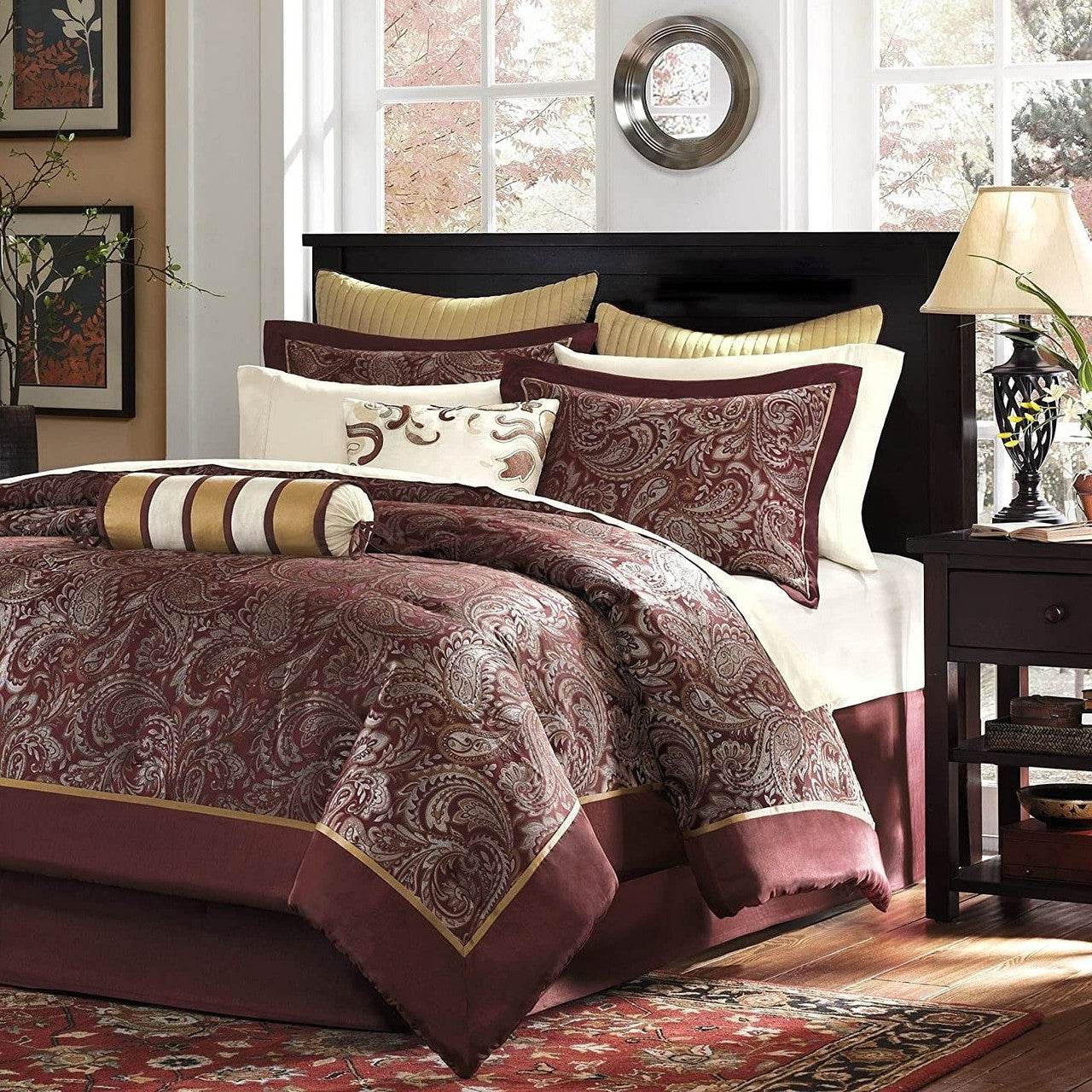 King 12 Piece Cotton Polyester Comforter Set Red Gold Paisley - Loft&Timber