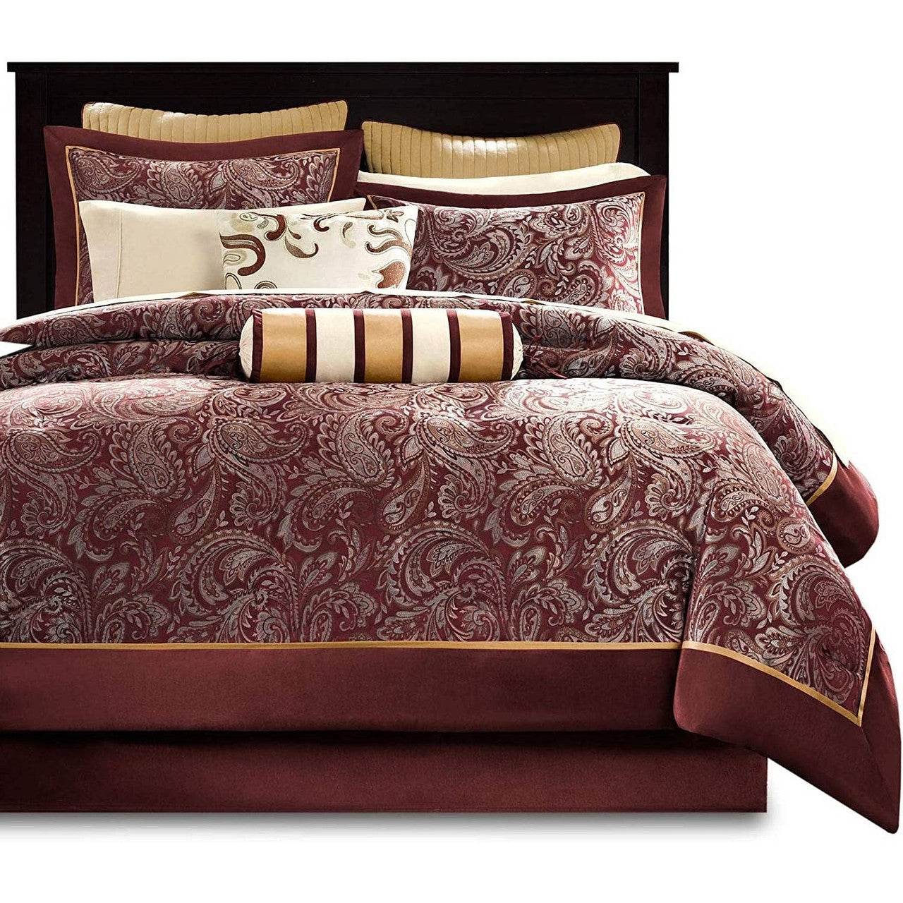 King 12 Piece Cotton Polyester Comforter Set Red Gold Paisley - Loft&Timber