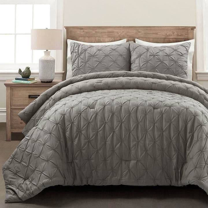 King Size Soft Pleated Grey Cotton 3 Piece Comforter Set - Loft&Timber