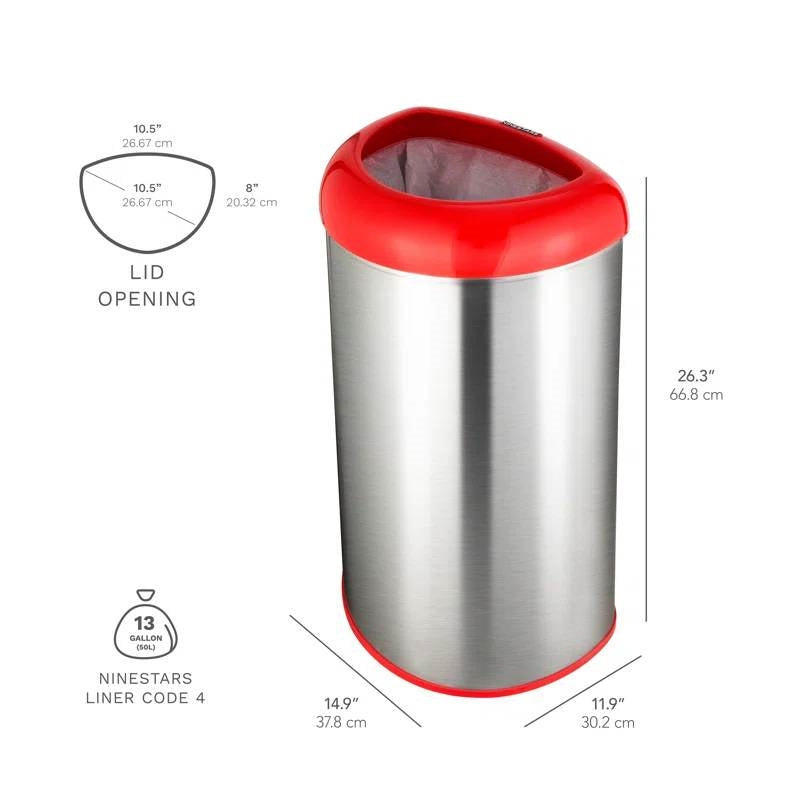 13-Gallon Stainless Steel Trash Can with Red Open Top-4