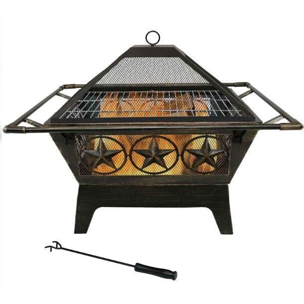 Square Outdoor Steel Wood Burning Fire Pit with Star Design - Loft&Timber