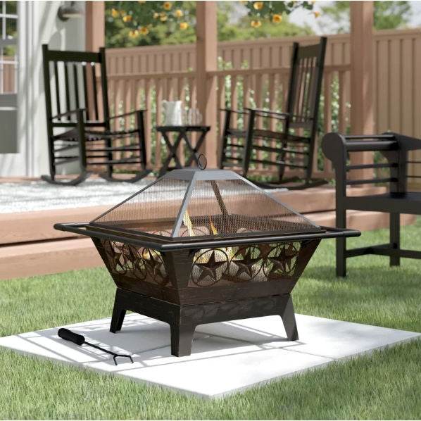 Square Outdoor Steel Wood Burning Fire Pit with Star Design - Loft&Timber