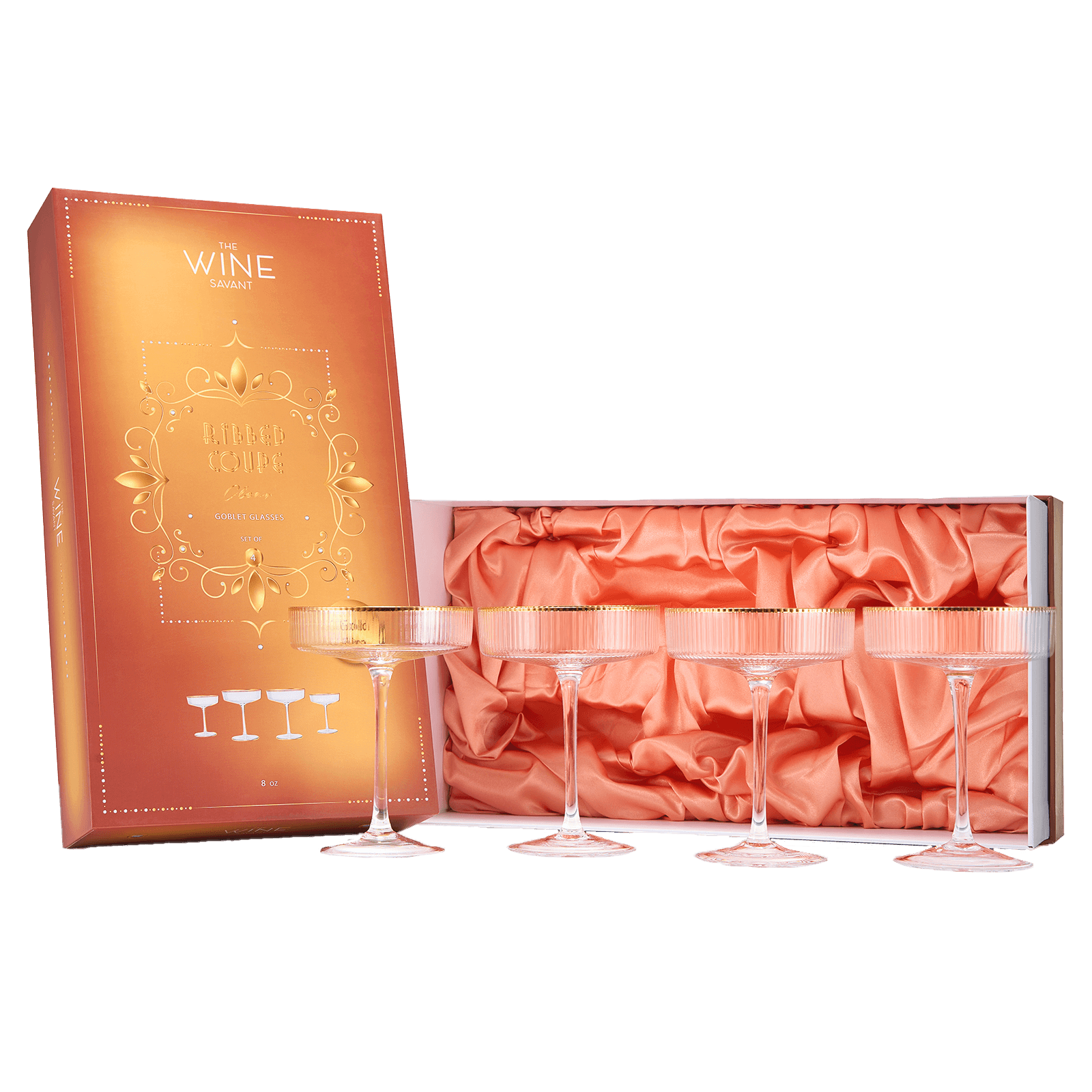 Ribbed Coupe Cocktail Glasses With Gold Rim 8 oz | Set of 4 | Classic Manhattan Glasses For Cocktails, Champagne Coupe, Ripple Coupe Glasses, Art Deco Gatsby Vintage, Crystal with Stems - Loft&Timber