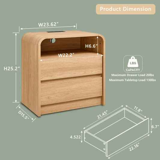 25" Tall Modern Nightstand with Charging Station,23.6'' Wide